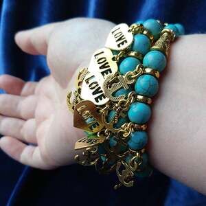 3 Bracelet Set Turquoise Arm Stack blue beads gold Love & Anchor charms